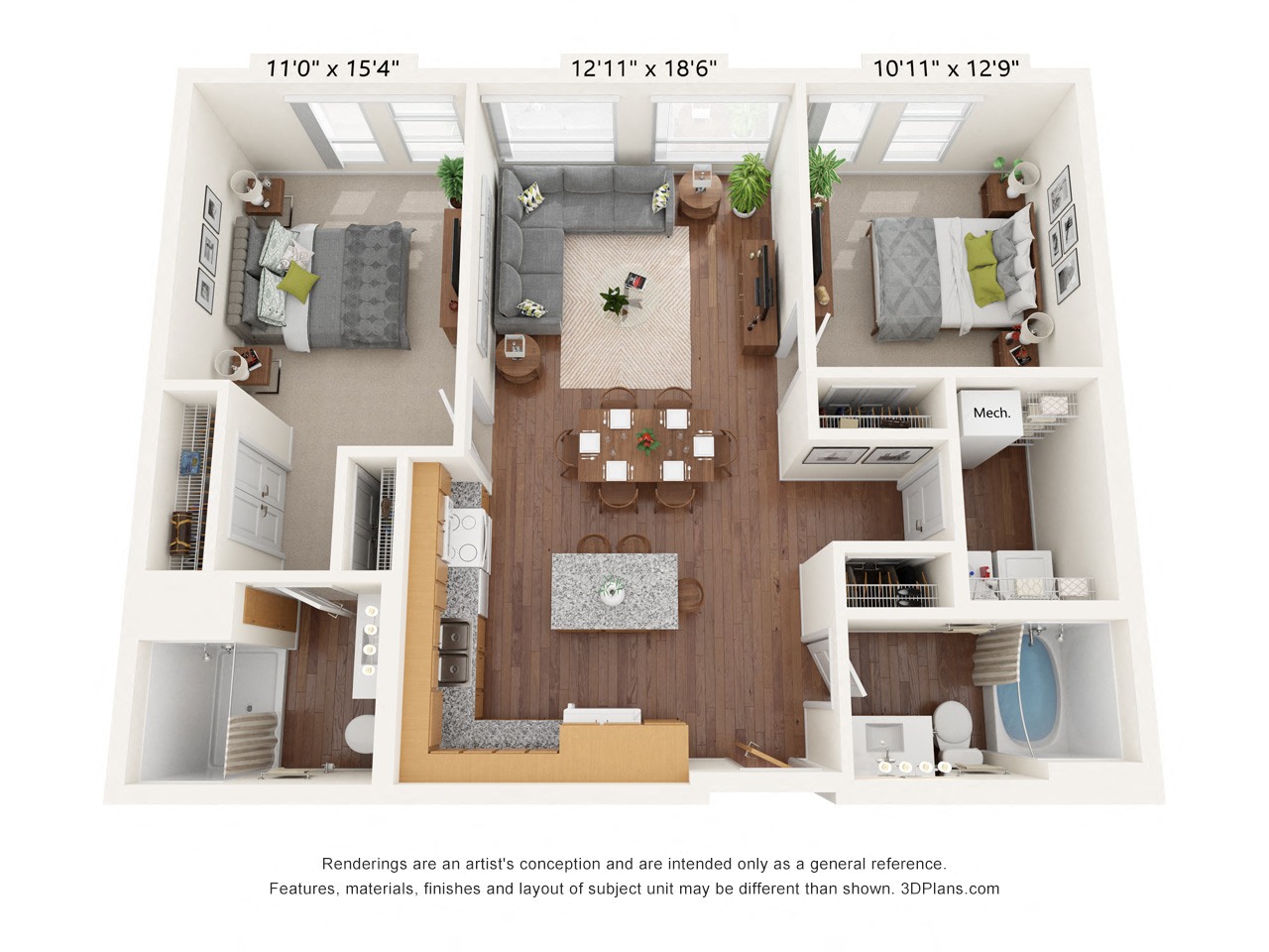 Floor plan for 2 beds, 2 baths, 964 sqft